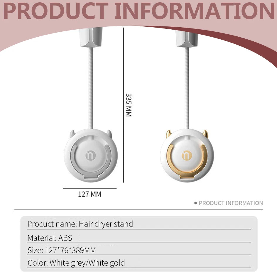 Wall-Mounted Hands-Free Hair Dryer Holder with 360° Adjustment