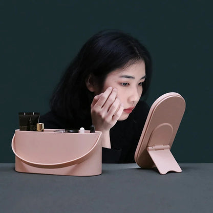 Caja organizadora de maquillaje portátil con espejo LED y luz táctil