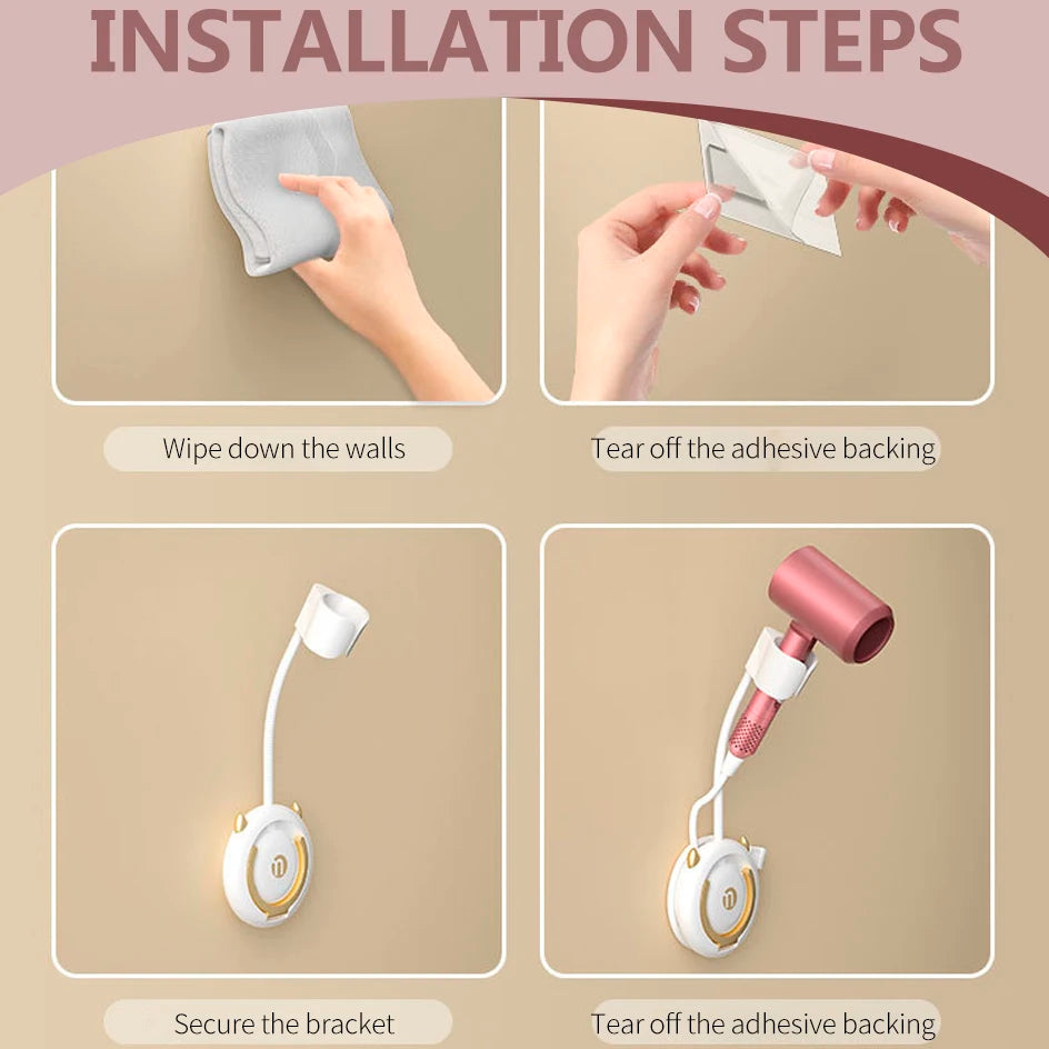 Wall-Mounted Hands-Free Hair Dryer Holder with 360° Adjustment