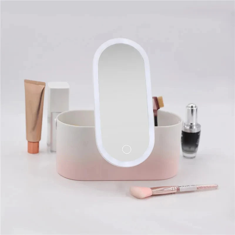 Caja organizadora de maquillaje portátil con espejo LED y luz táctil