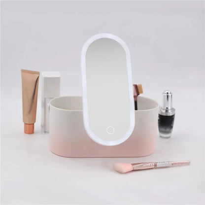 Caja organizadora de maquillaje portátil con espejo LED y luz táctil