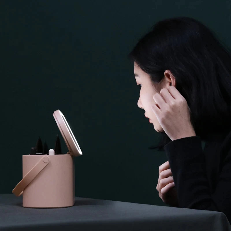 Caja organizadora de maquillaje portátil con espejo LED y luz táctil