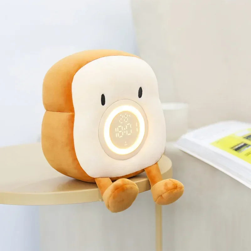 Cute Plush Toast Digital Alarm Clock – LED Display & Night Light for Cosy Home Decor